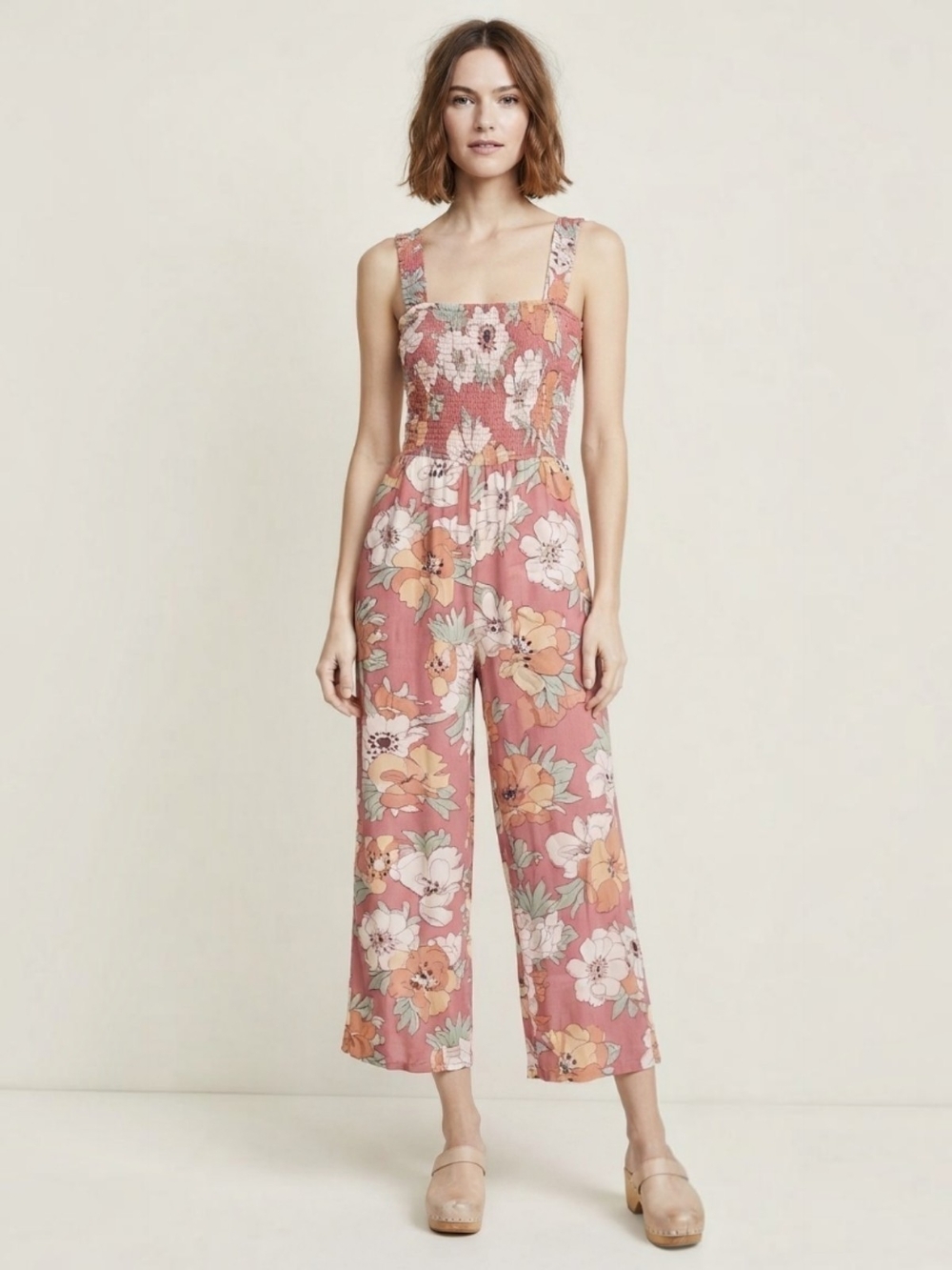 Aritzia Wilfred Chianti Floral Smocked Wide-Leg Jumpsuit in Dusty Rose Womens M